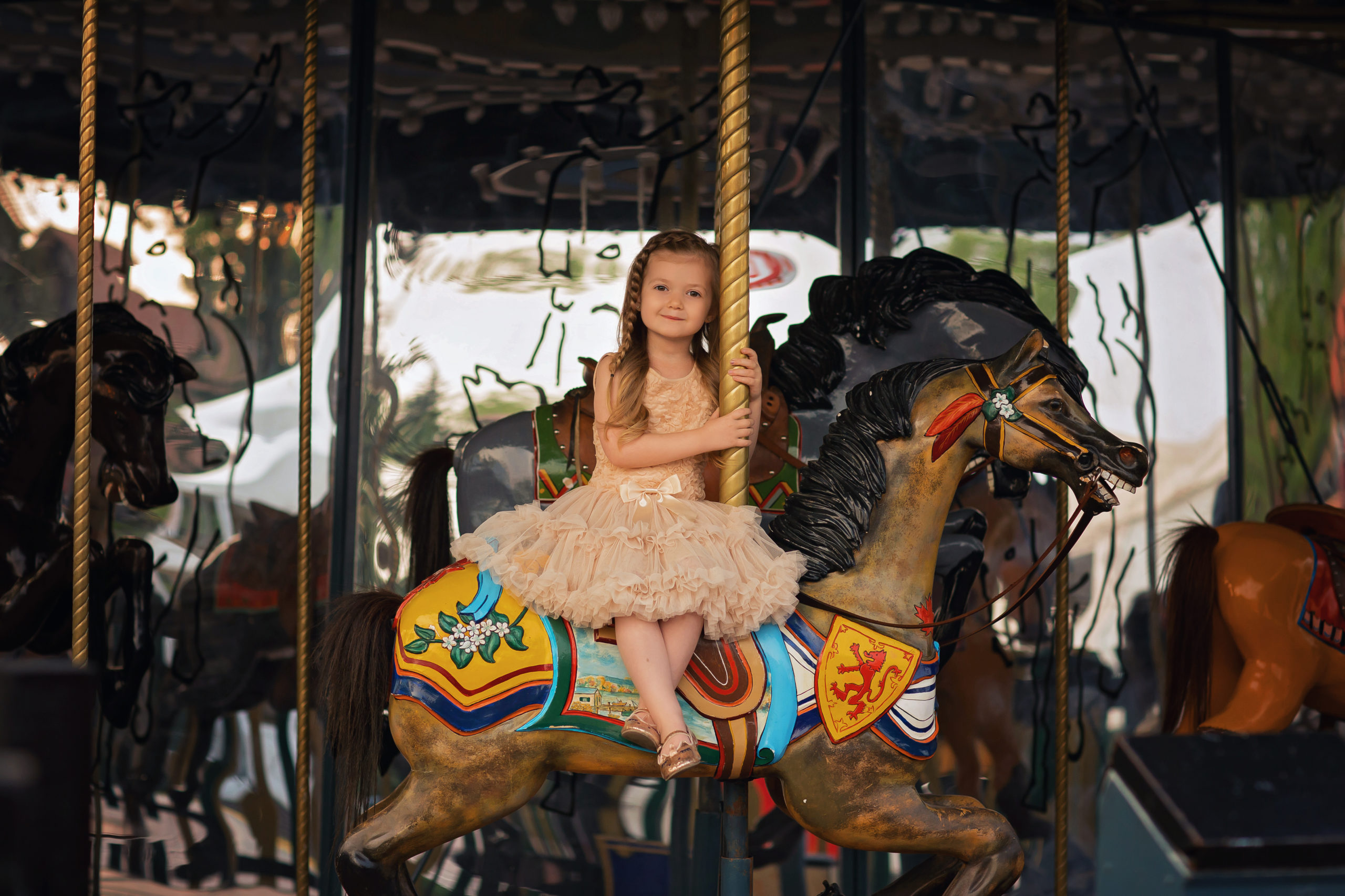 carousel photoshoot with tulle dress long hair in braids